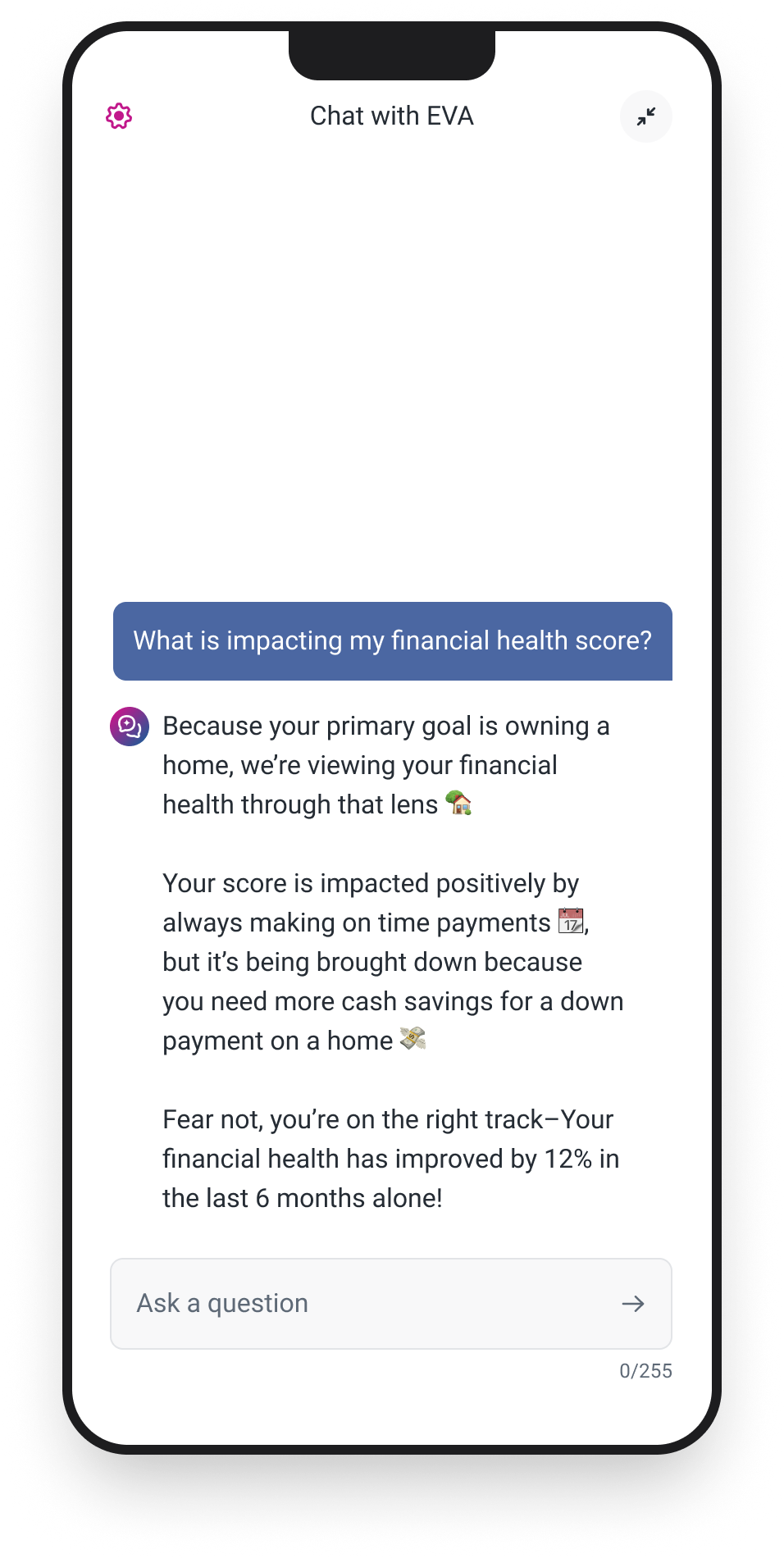 E.V.A. generative AI chatbot providing personalized financial health guidance