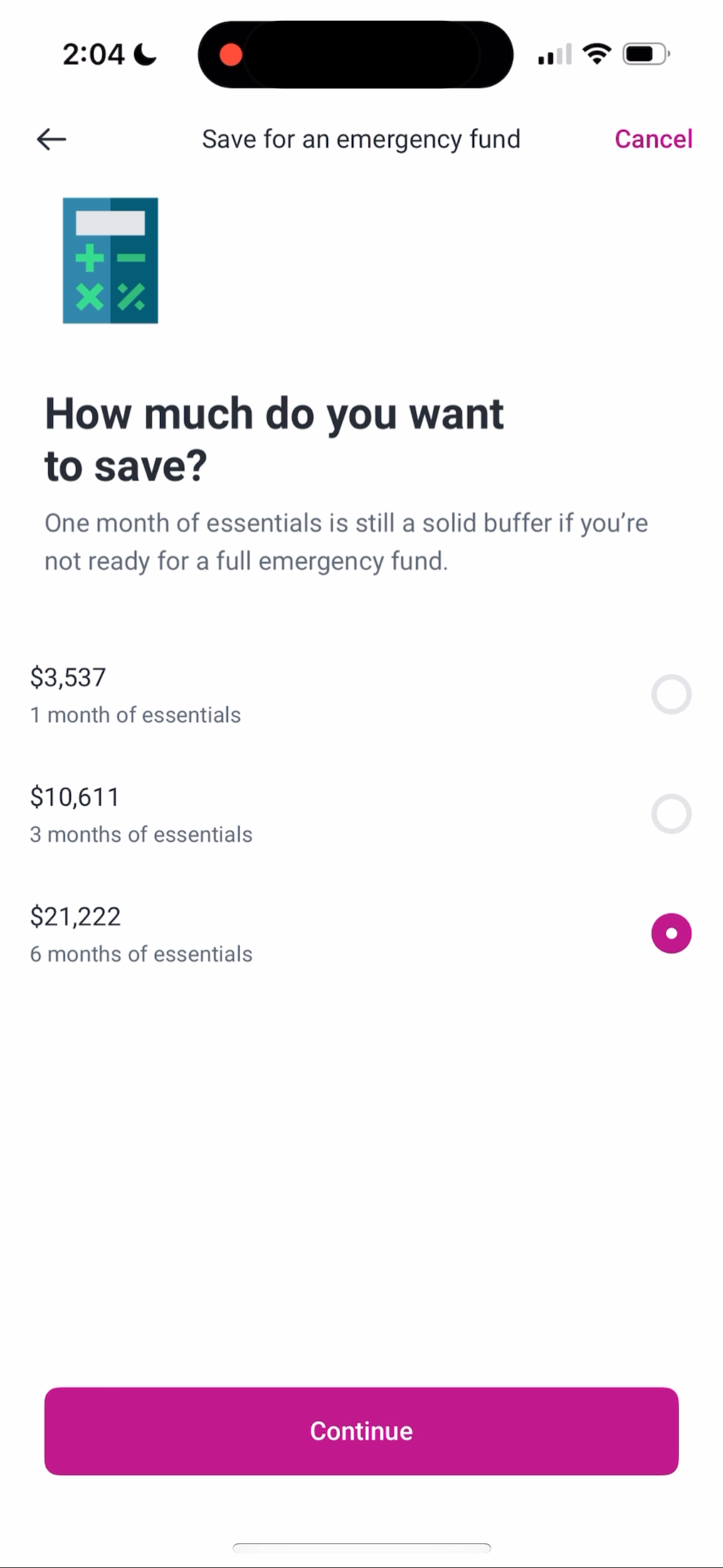 Emergency fund MVP screen 6