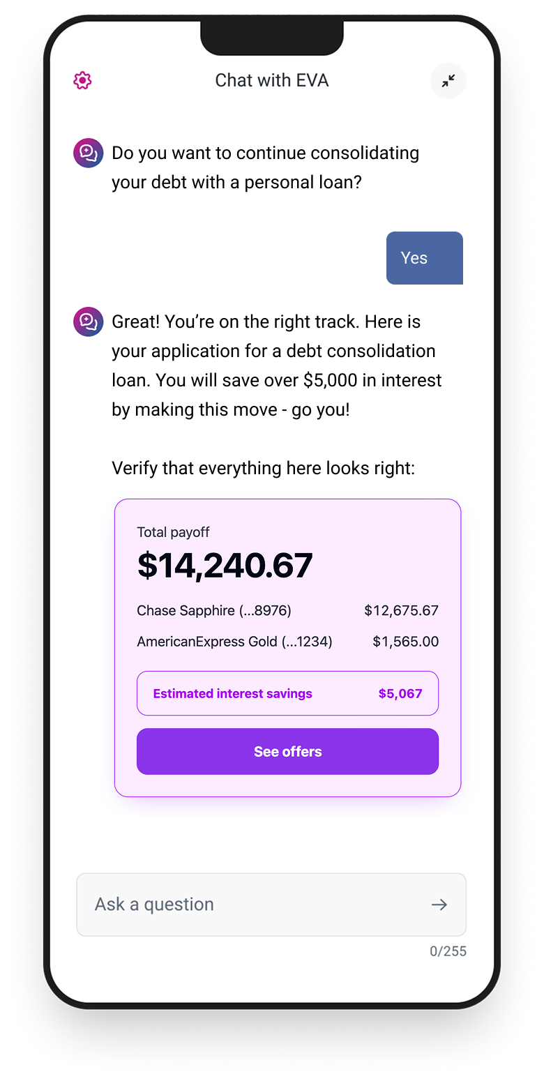Chat with E.V.A. conversation guiding a user through a debt consolidation loan with estimated interest savings