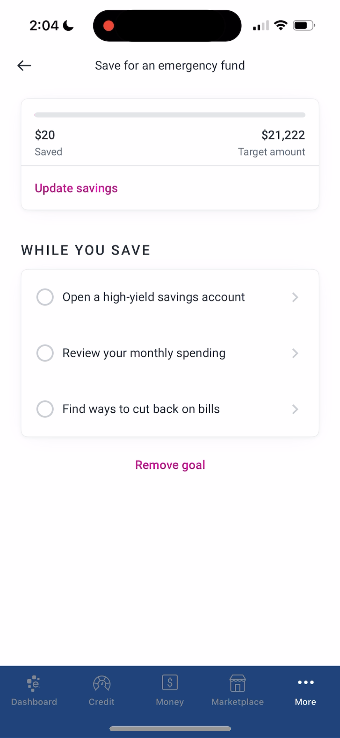 Emergency fund MVP screen 1