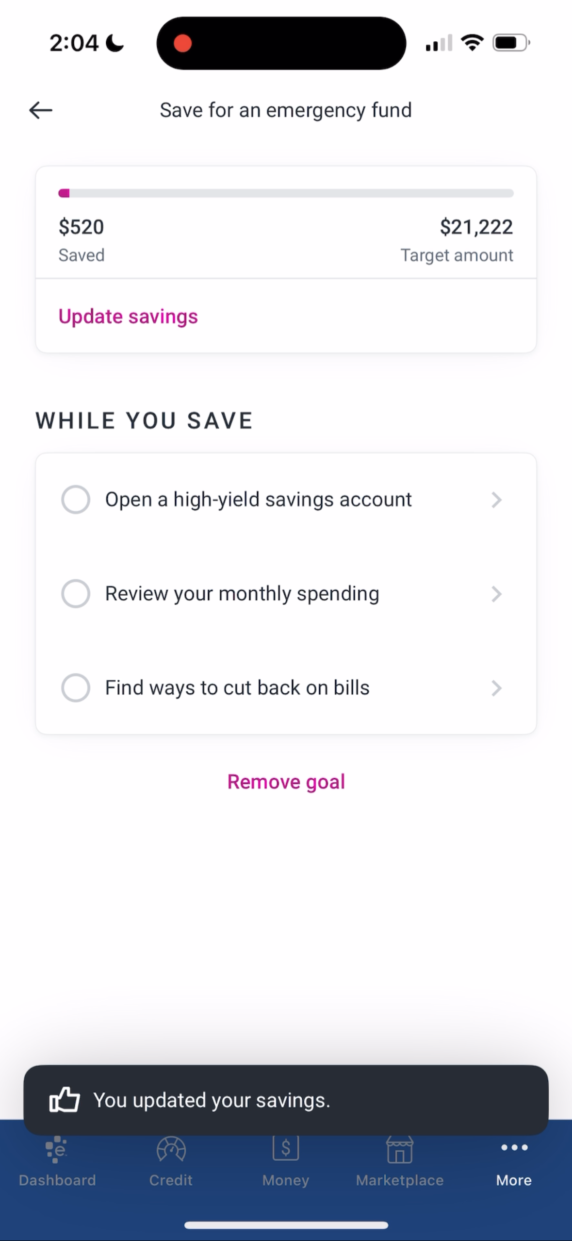 Emergency fund MVP screen 3